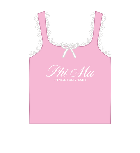 HG-0377 - Belmont University - Phi Mu Baby Pink Lace Bow Tank with Lace Trim and Bow