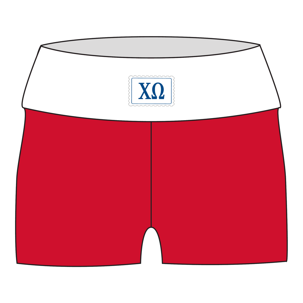 Chi Omega Fold Over Shorts — White & Red