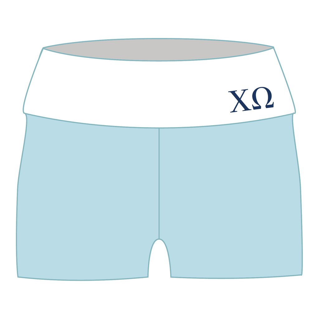 Chi Omega Fold Over Shorts — Blue